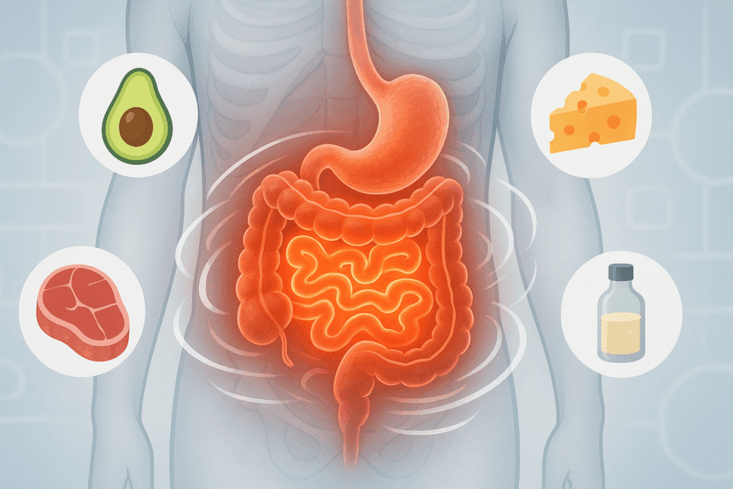 Human digestive system highlighting intestines reacting to fatty keto foods like avocado, cheese, meat, and MCT oil, illustrating Why Does Keto Cause Diarrhea.