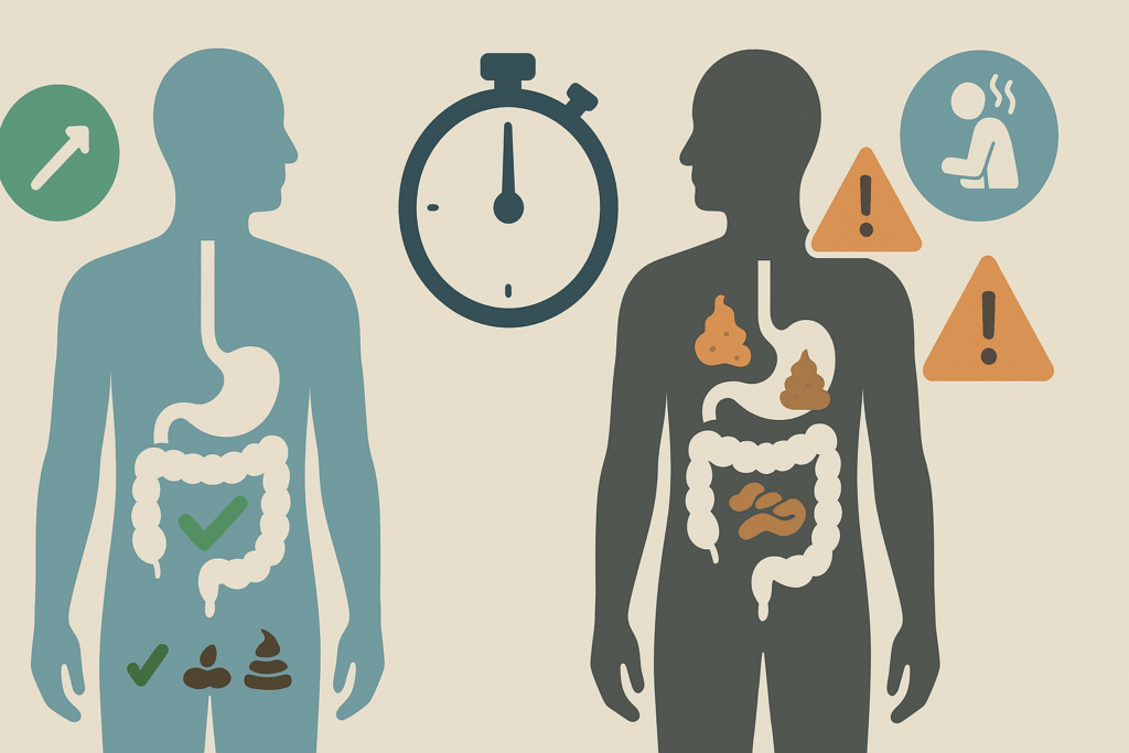 Two human silhouettes showing digestive health differences with a stopwatch and stool icons, illustrating Why Does Keto Cause Diarrhea.