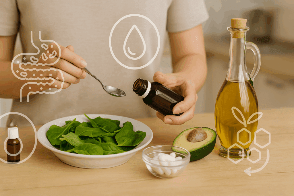 Person preparing a balanced keto meal with leafy greens, avocado, and olive oil while measuring MCT oil, illustrating strategies for Why Does Keto Cause Diarrhea.