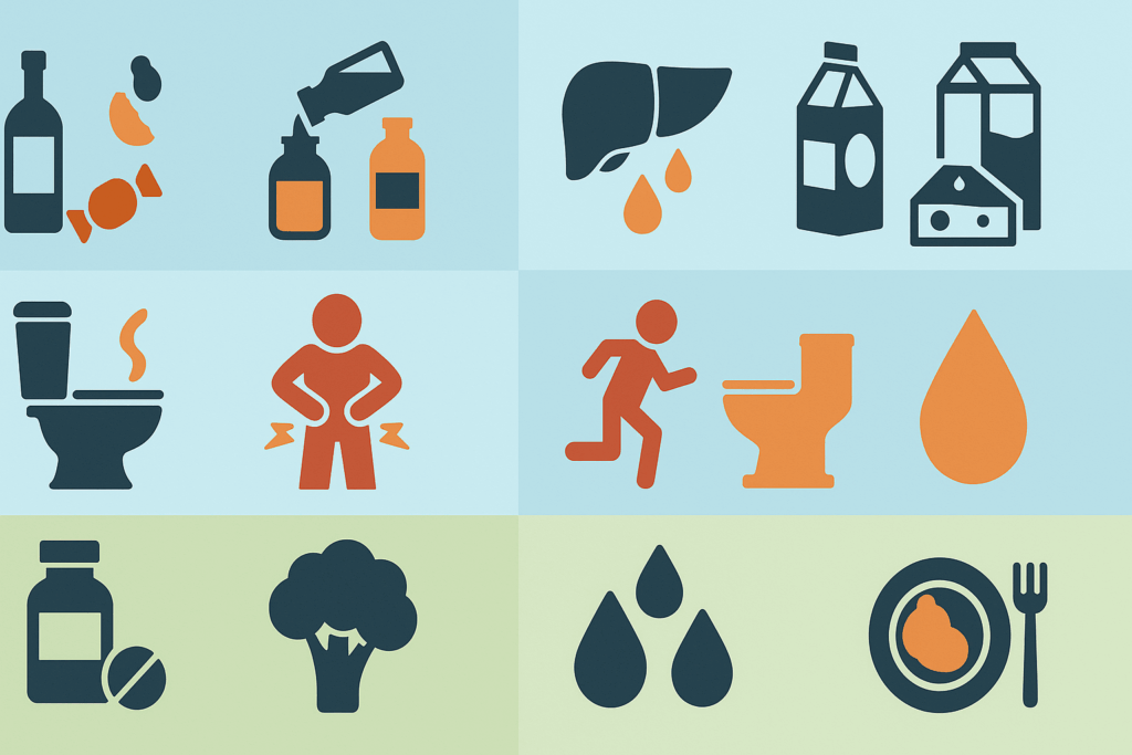 Infographic showing causes, symptoms, and solutions for keto diarrhea with icons, explaining Why Does Keto Cause Diarrhea.