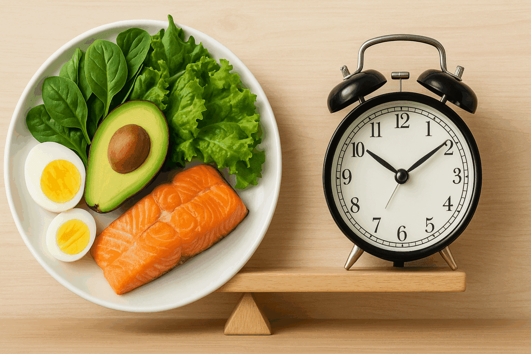 Balanced plate with keto-friendly foods like salmon, avocado, and leafy greens next to a clock representing keto intermittent fasting.