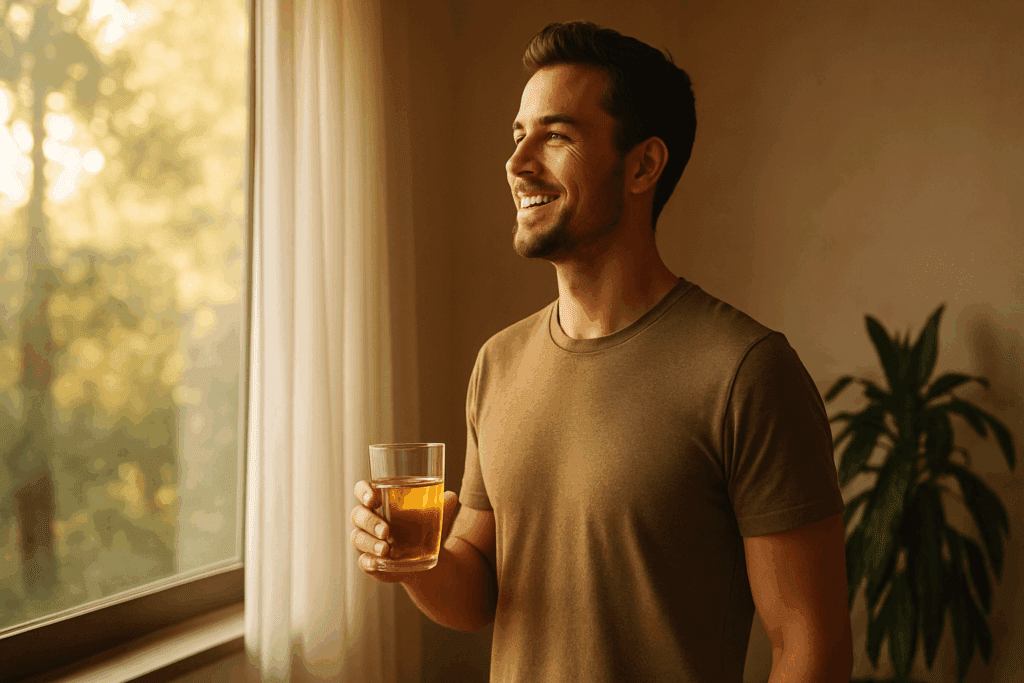 Energized man enjoying morning sunlight with a glass of herbal tea during a keto intermittent fasting window.
