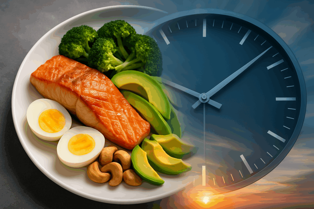 Half plate of keto foods like salmon, eggs, avocado, and broccoli blending into a clock and time-lapse sky, symbolizing keto intermittent fasting.