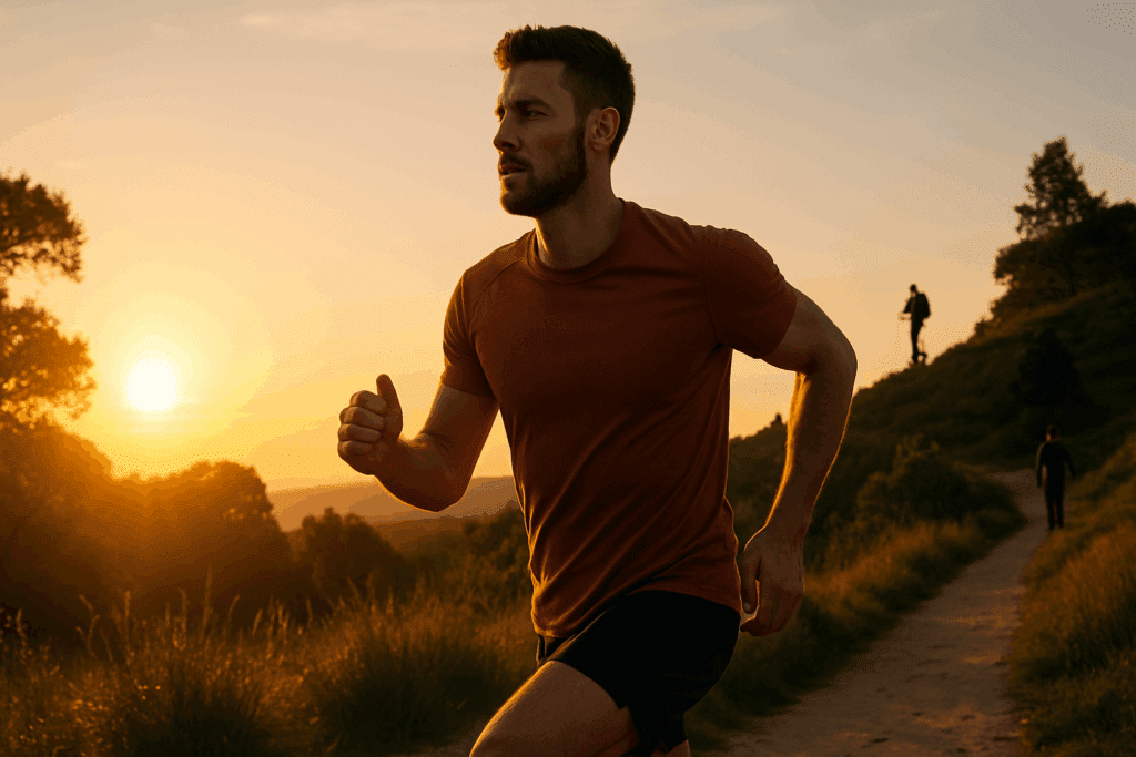 Fit man running outdoors at sunrise, symbolizing energy, endurance, and fat-burning benefits of keto intermittent fasting.