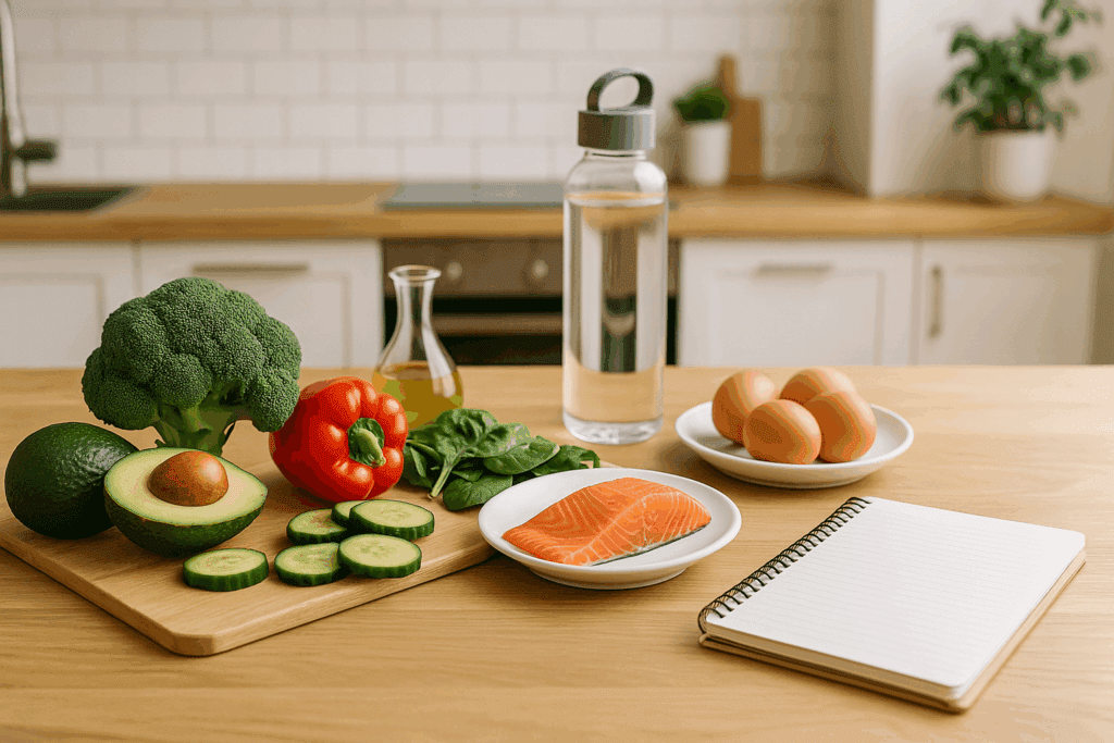 Meal prep for keto intermittent fasting featuring salmon, eggs, avocado, olive oil, and fresh vegetables on a clean kitchen counter.