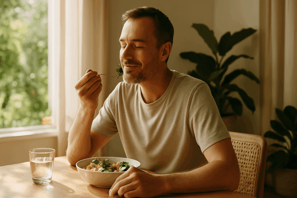 Healthy adult enjoying a nourishing meal in a sunlit home, symbolizing balance and wellness with keto intermittent fasting.