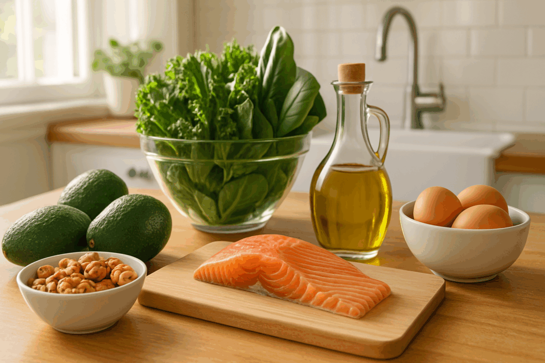 Bright kitchen counter with avocados, leafy greens, salmon, olive oil, eggs, and nuts from a printable keto diet food list PDF.