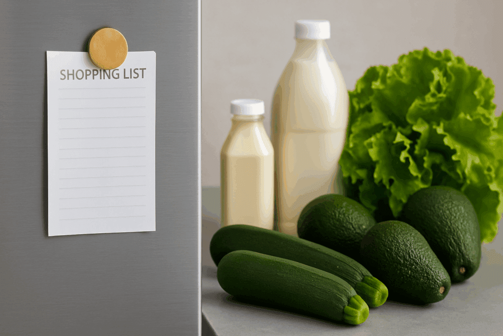 Fridge with blank shopping list and keto groceries like zucchini, avocados, and almond milk promoting a printable keto diet food list PDF
