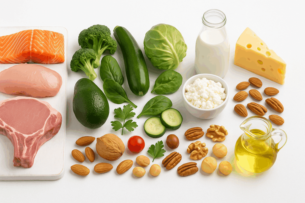 Organized selection of keto-friendly meats, vegetables, dairy, nuts, and oils featured in a printable keto diet food list PDF.