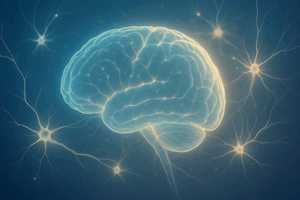Artistic concept of brain health and neurons regenerating with glowing connections, illustrating cognitive benefits linked to a printable keto diet food list PDF.