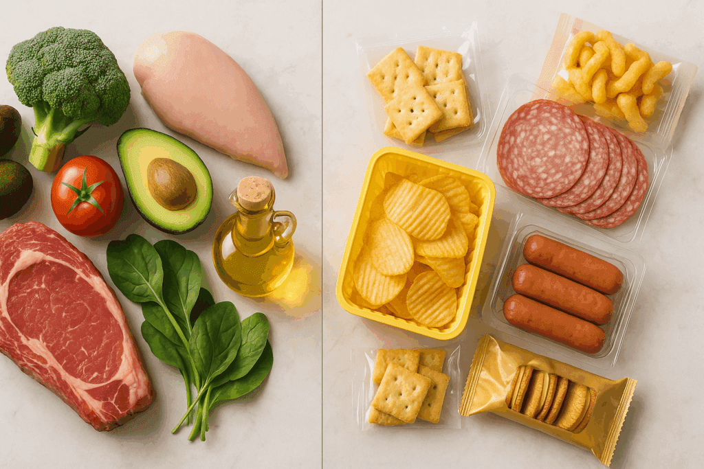 Side-by-side food comparison showing whole foods like grass-fed meat, avocado, and olive oil versus packaged snacks, illustrating choices from a printable keto diet food list PDF