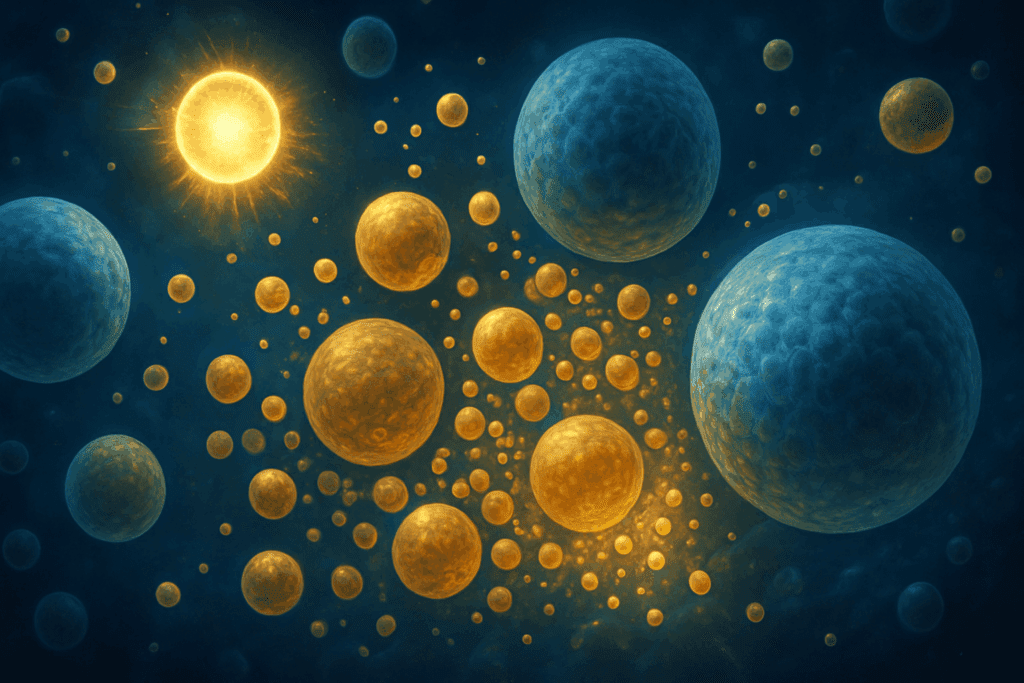 Abstract visualization of glowing ketones and fat metabolism at the cellular level, illustrating concepts from a printable keto diet food list PDF.