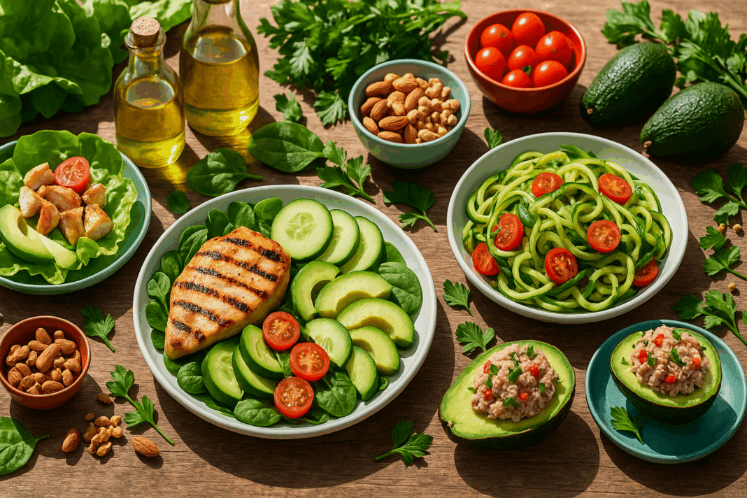 Keto diet lunch ideas featuring grilled chicken salad, zucchini noodles, stuffed avocados, and fresh leafy greens on a rustic wooden table