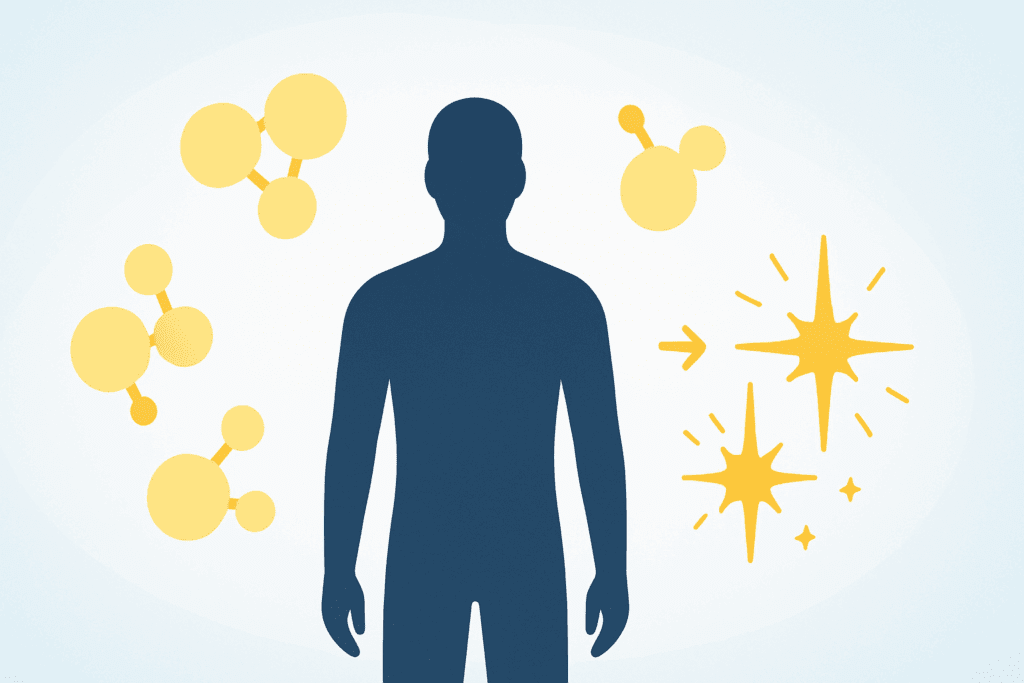 Conceptual illustration of ketosis showing fat molecules converting into energy around a human figure, symbolizing how keto diet lunch ideas fuel the body.