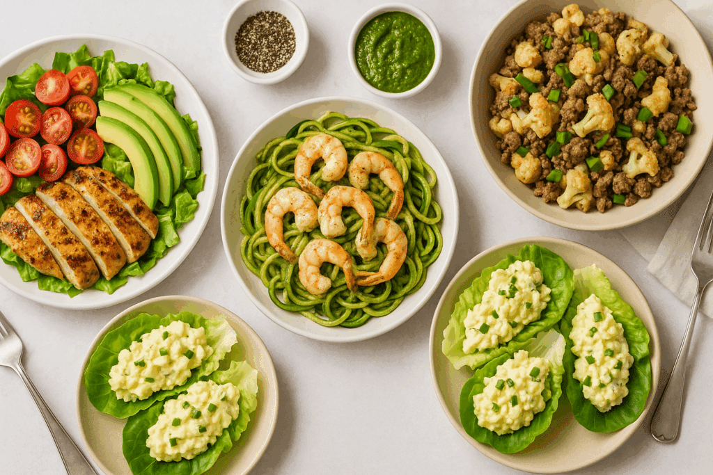 Grilled chicken avocado salad, shrimp pesto zoodles, egg salad lettuce wraps, and cauliflower beef stir-fry plated together as keto diet lunch ideas.