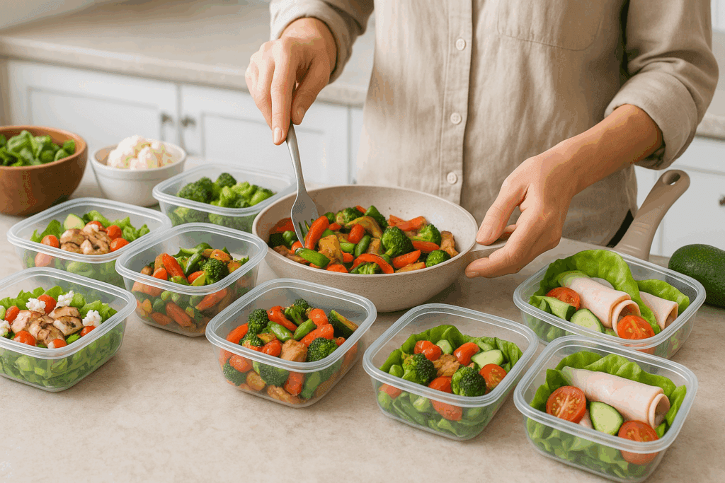 Meal prep containers filled with colorful keto diet lunch ideas like salads, stir-fries, and turkey lettuce wraps on a kitchen counter.