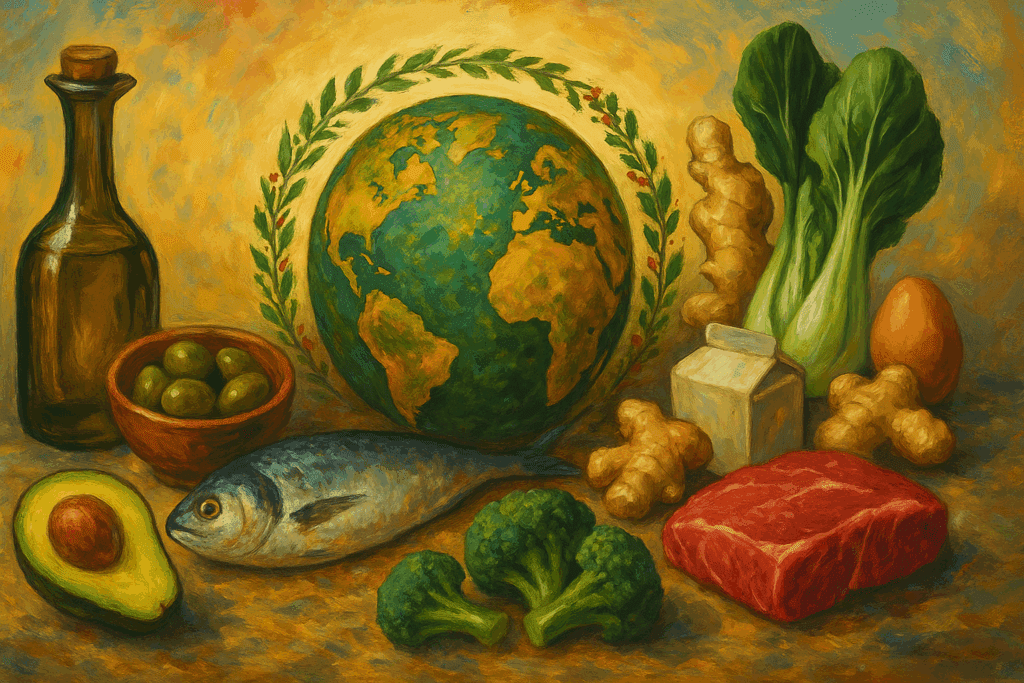 Global keto diet lunch ideas featuring Mediterranean olive oil and fish, Asian bok choy and ginger, and traditional proteins around a herb globe
