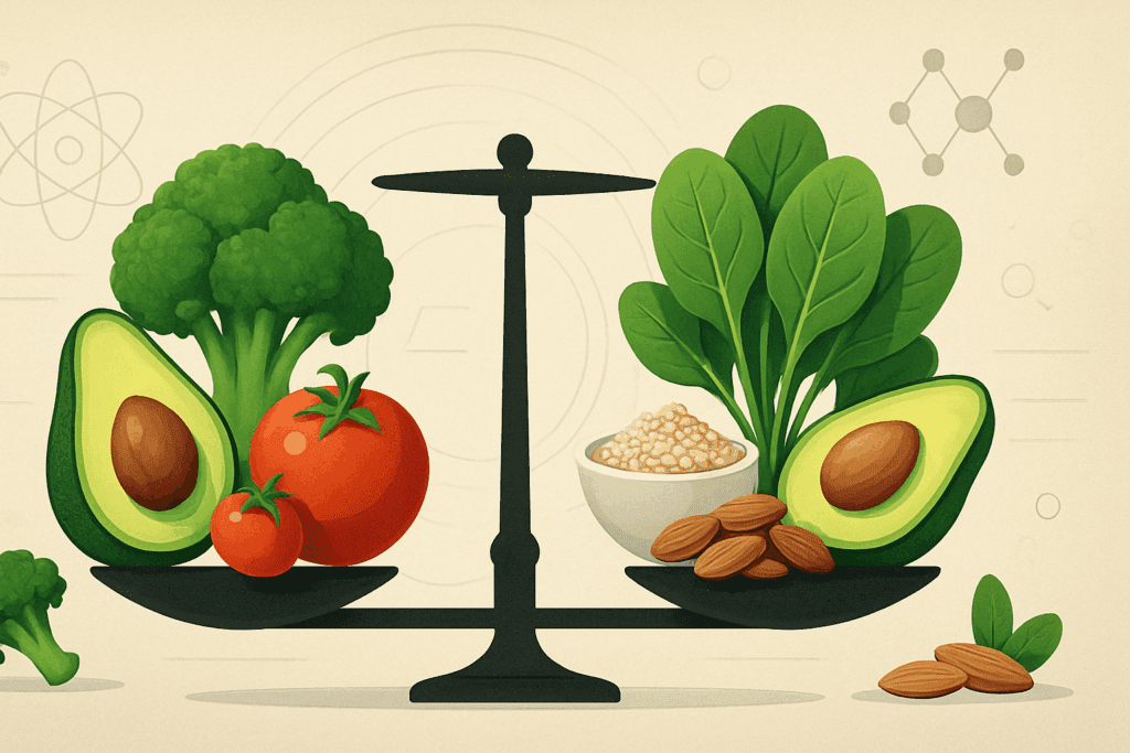 Balanced display of spinach, avocado, almonds, and broccoli on a symbolic scale representing keto diet lunch ideas