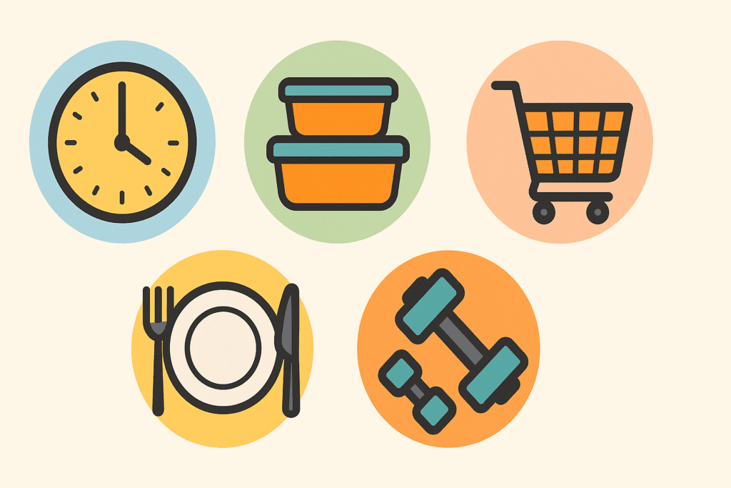 Icons representing keto diet lunch ideas: clock for meal prep, containers for storage, cart for groceries, plate for dining out, and dumbbells for fitness.