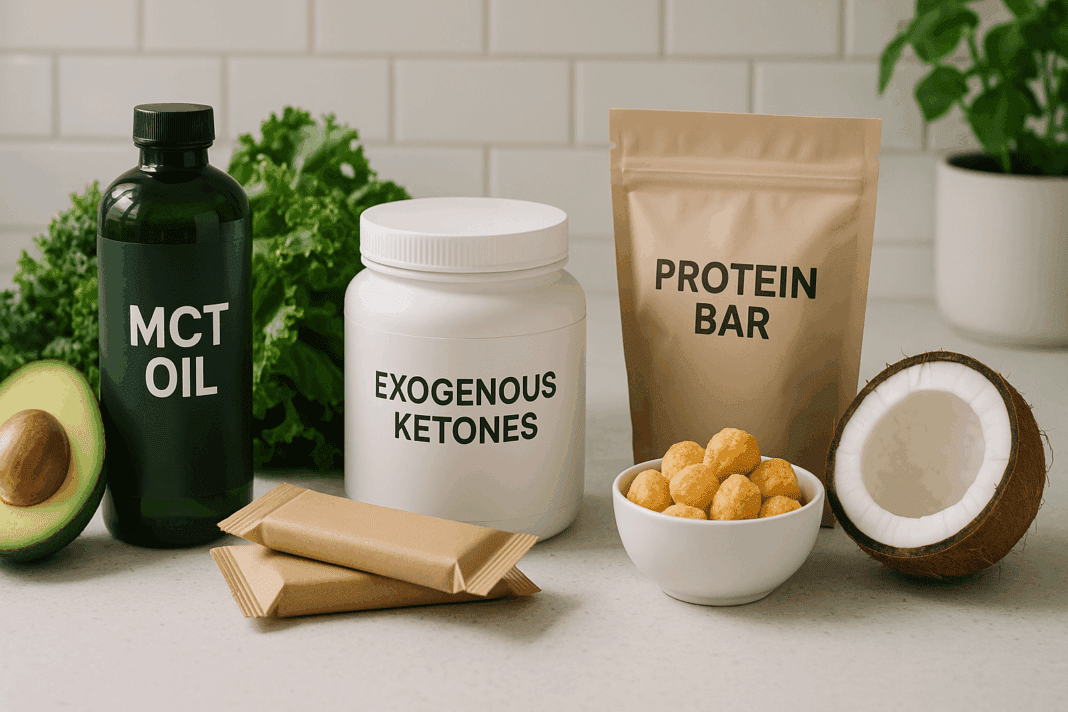 Variety of keto diet products including MCT oil, exogenous ketones, protein bars, and low-carb snacks with avocado, coconut, and leafy greens on a modern kitchen counter.