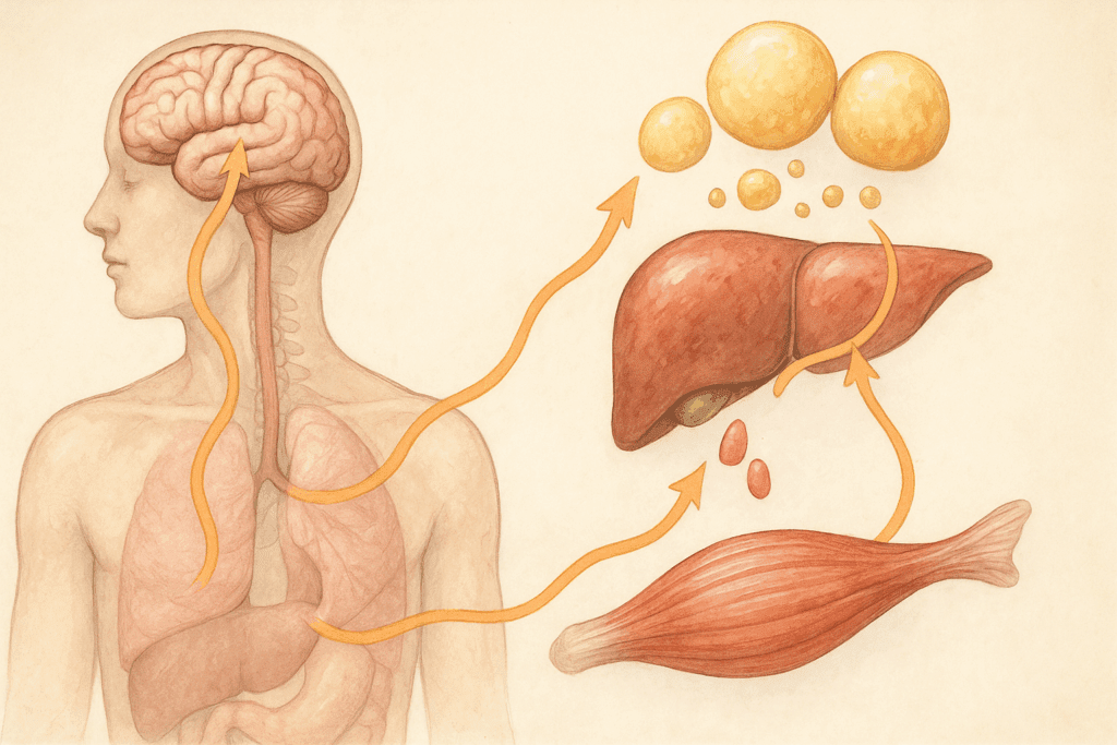Medical illustration of fat converting to ketones in the liver with energy flowing to brain and muscles, supporting keto diet products.