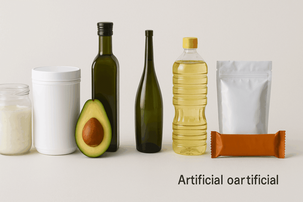 Side-by-side comparison of high-quality keto diet products like coconut oil and avocado versus artificial options with seed oils and additives