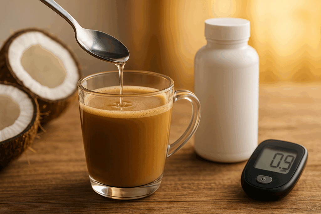 Clear MCT oil being poured into a keto coffee beside keto diet products like exogenous ketones, coconuts, and a digital ketone meter on a wooden table.