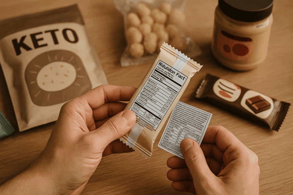 Person examining nutrition label on a snack bar with various keto diet products on a table, highlighting hidden ingredients.