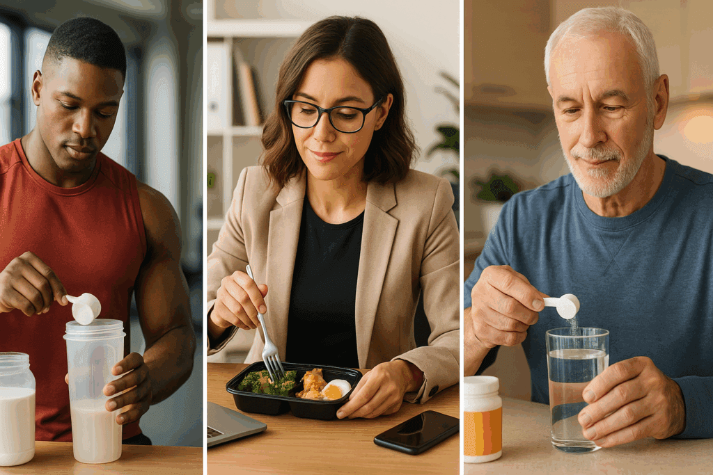Three diverse individuals using keto diet products: an athlete making a protein shake, a businesswoman eating a keto meal at her desk, and a senior mixing electrolyte powder in water