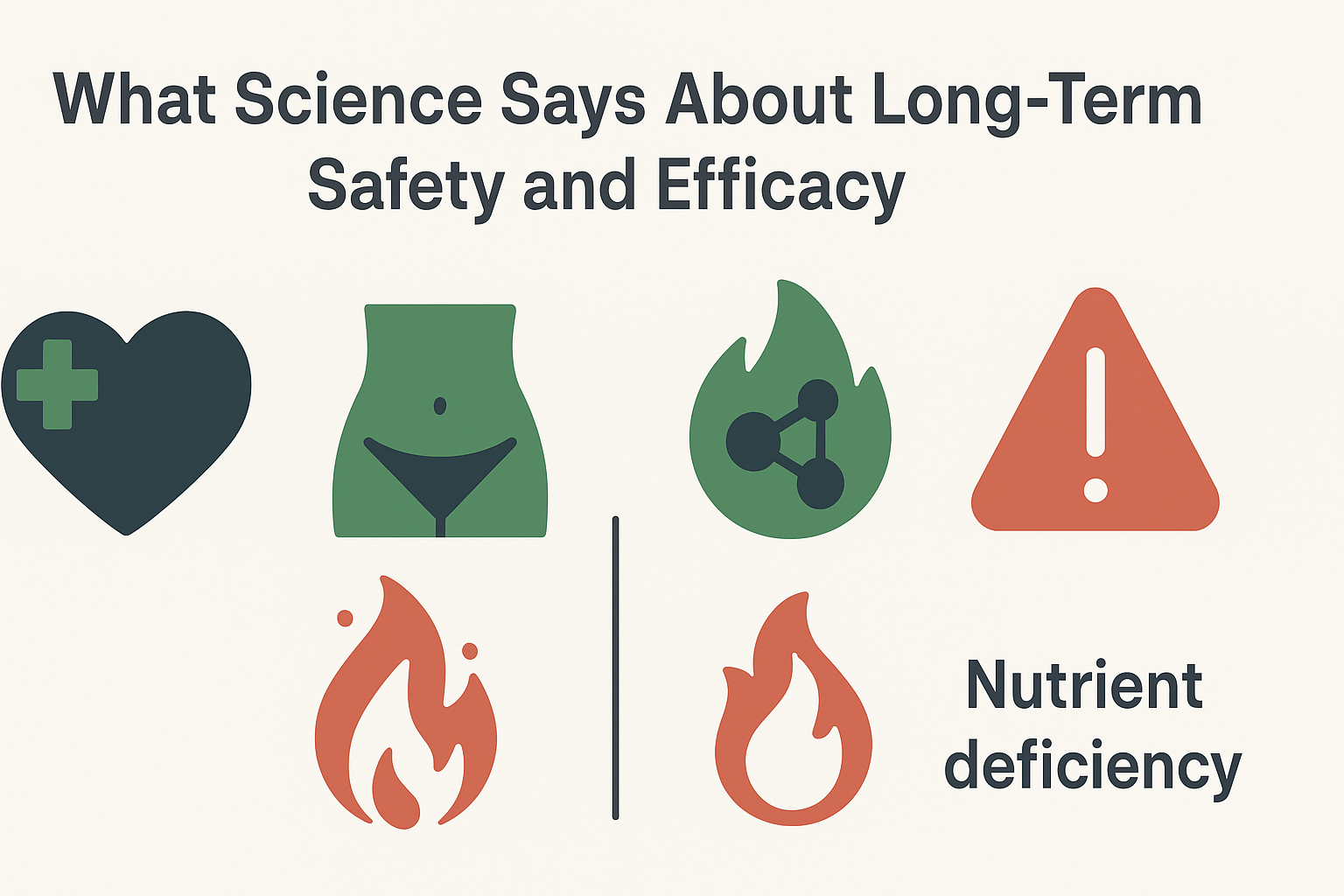 Infographic showing benefits and risks of long-term keto diet products with icons for heart health, fat loss, inflammation, and nutrient deficiency