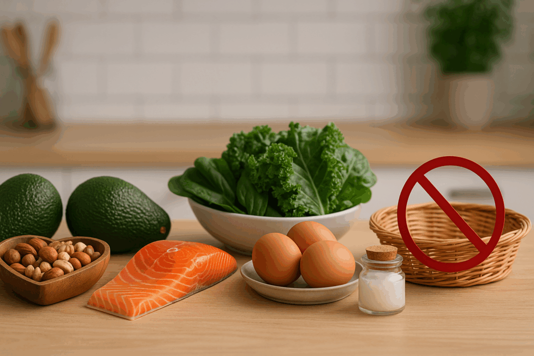 Clean kitchen counter with salmon, eggs, leafy greens, avocados, nuts, and coconut oil arranged beside an empty bread basket symbolizing the keto diet pros and cons.