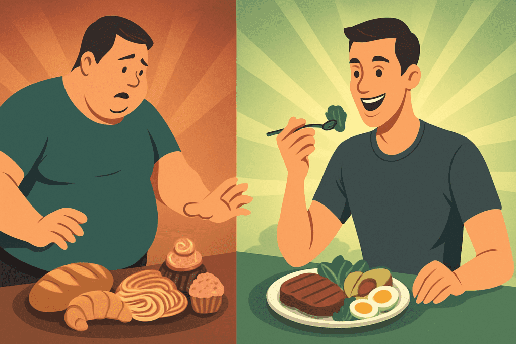 Before-and-after illustration showing a man choosing high-carb foods versus enjoying a low-carb meal, visualizing keto diet pros and cons.