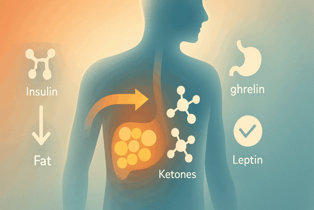 Illustration of fat converting to ketones inside a translucent human body, symbolizing hormonal shifts during ketosis, for keto diet pros and cons.