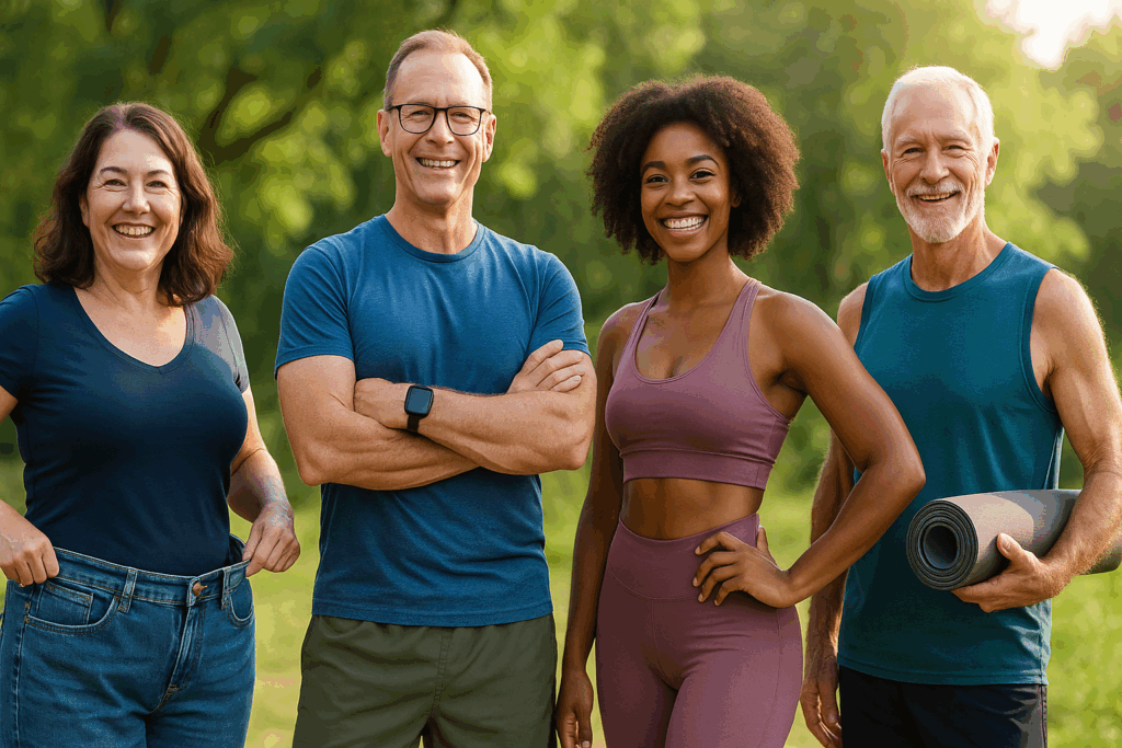 Diverse group of people proudly displaying weight loss success outdoors, highlighting keto diet pros and cons through visible health transformations.