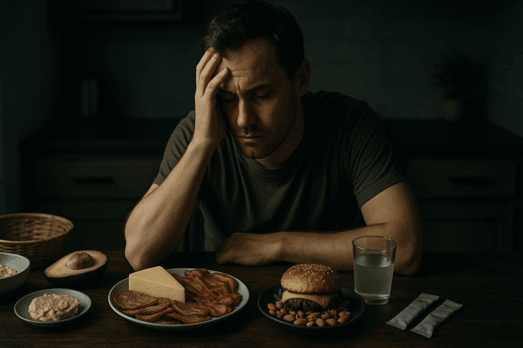 Tired man at kitchen table surrounded by high-fat foods, symbolizing keto diet pros and cons like fatigue and dietary restriction