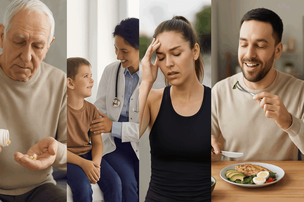 Four individuals representing keto diet pros and cons: elderly man with supplements, child with doctor, fatigued female athlete, and man enjoying keto food.