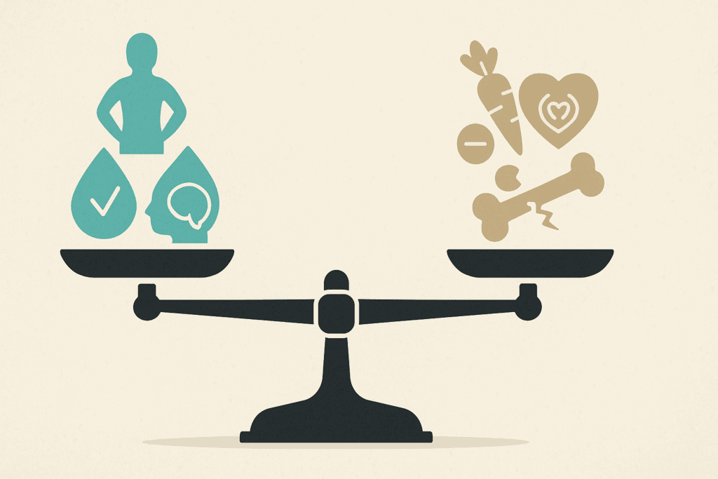 Balanced scale showing keto diet pros and cons with icons for weight loss, blood sugar, mental clarity, and risks like bone loss and cholesterol.