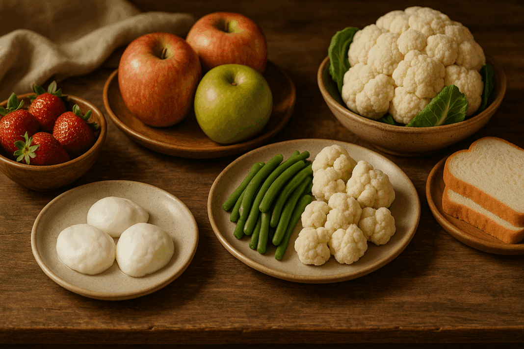 Rustic kitchen table with low potassium foods for kidney patients including apples, green beans, cauliflower, strawberries, egg whites, and white bread.
