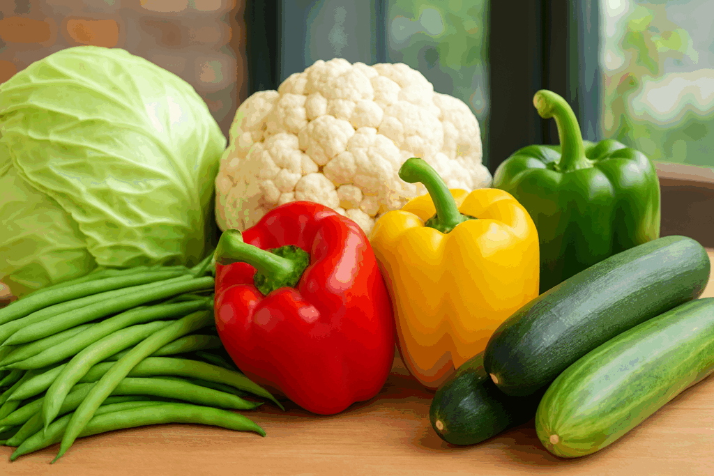 Fresh low potassium foods for kidney patients including cabbage, green beans, cauliflower, bell peppers, zucchini, and cucumbers on a kitchen counter.