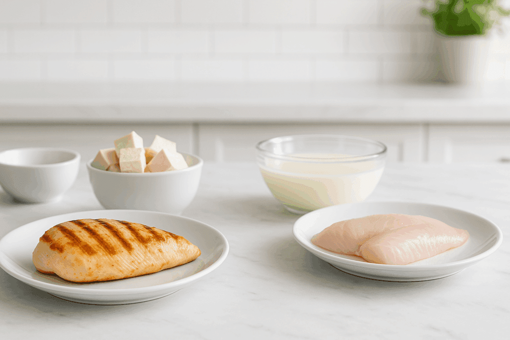 Grilled chicken breast, fresh fish fillet, egg whites, and tofu plated in a clean kitchen setting, representing low potassium foods for kidney patients.