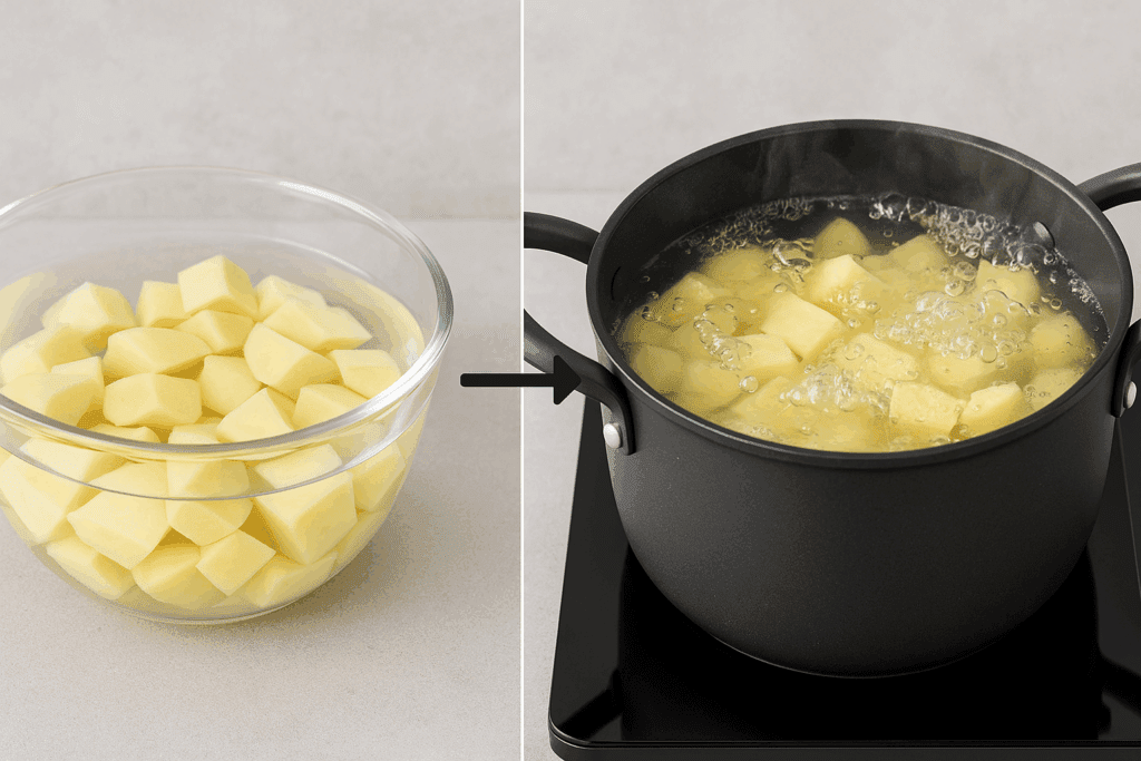 Chopped potatoes soaking in a glass bowl next to boiling potatoes in a pot, showing preparation of low potassium foods for kidney patients.