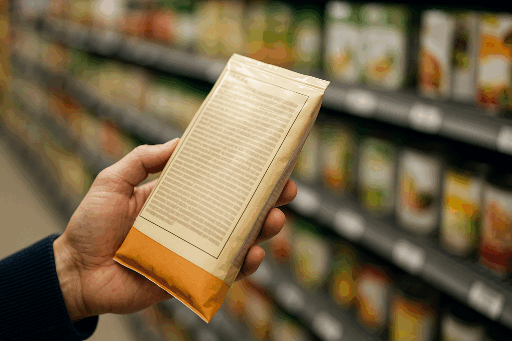 Person reading a nutrition label on packaged food in a grocery aisle while checking for low potassium foods for kidney patients