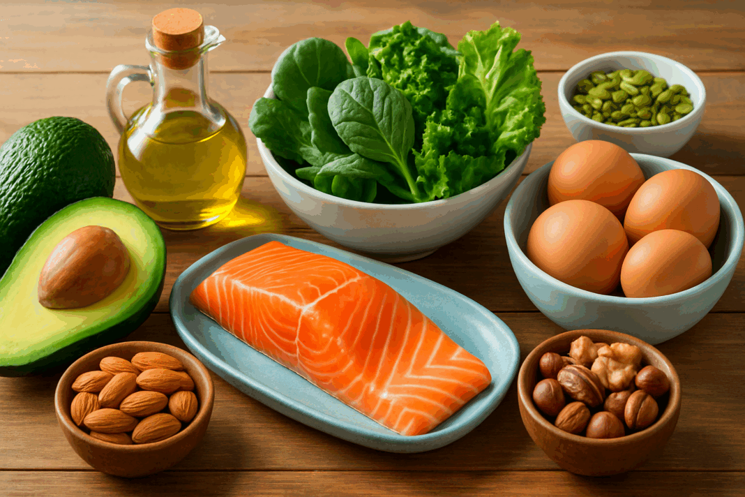Colorful assortment of keto diet macros including salmon, avocado, eggs, leafy greens, nuts, and olive oil on a wooden table.