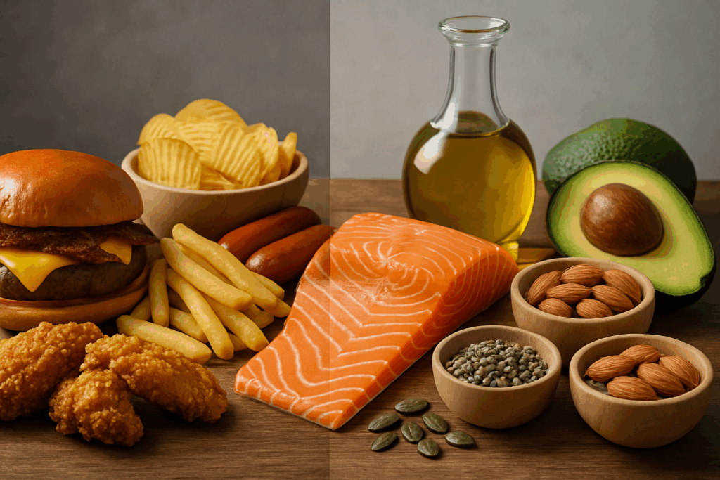 Side-by-side comparison of unhealthy processed foods and nutrient-rich options like salmon, avocado, and seeds for keto diet macros