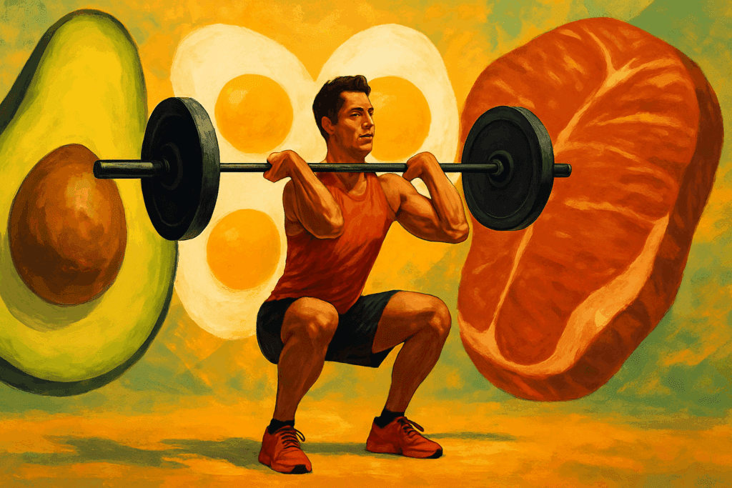 Man lifting weights surrounded by avocado, eggs, and steak, symbolizing how exercise influences keto diet macros