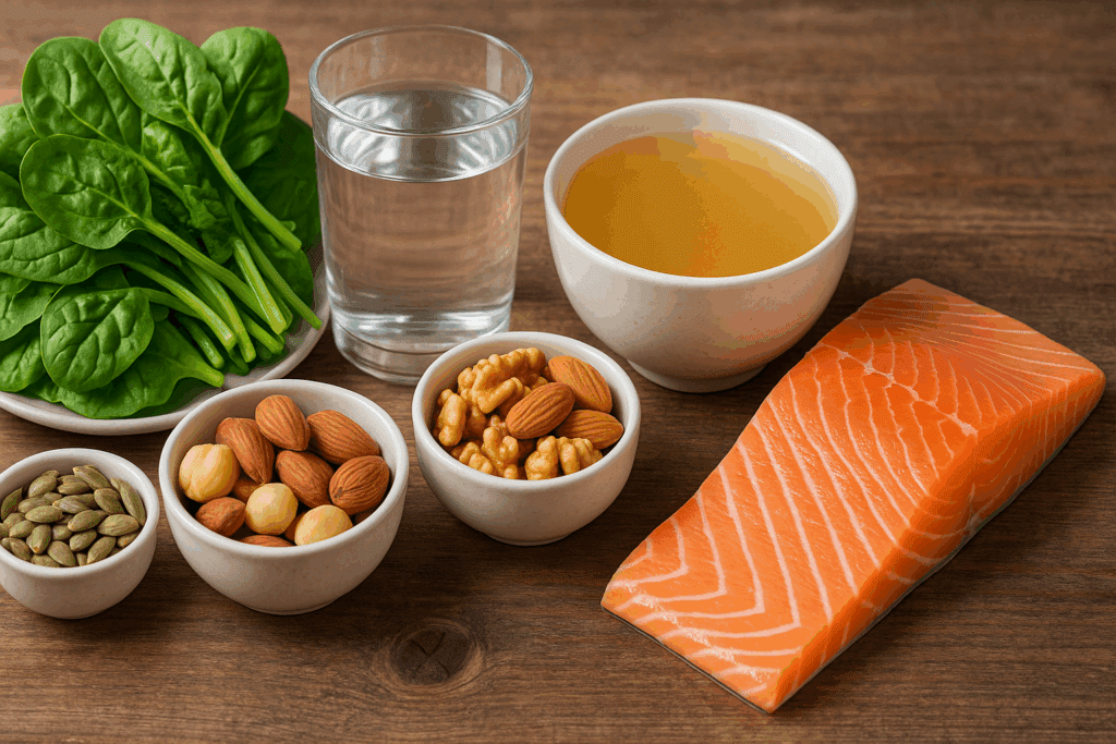 Electrolyte-rich foods like salmon, bone broth, leafy greens, nuts, seeds, and water arranged to support keto diet macros.
