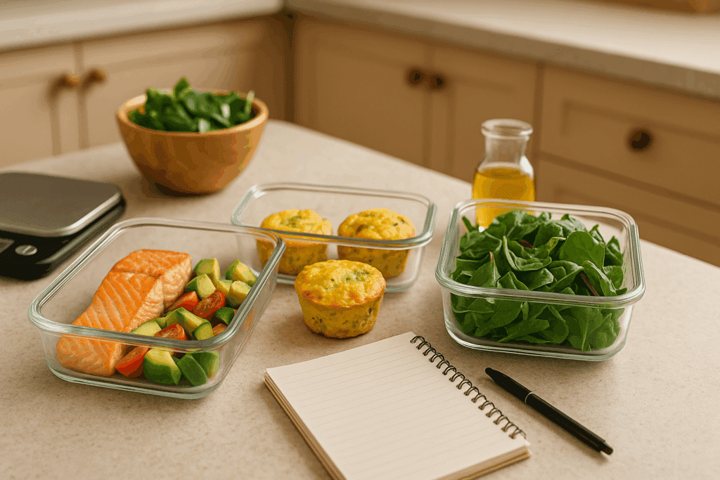 Meal prep scene with glass containers of salmon, avocado, egg muffins, and leafy greens organized on a kitchen counter to illustrate keto diet macros.