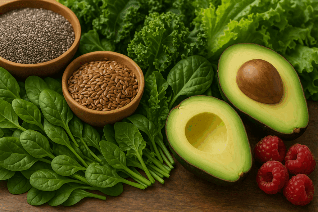 Chia seeds, flaxseeds, leafy greens, avocado, and raspberries arranged to represent fiber-rich foods in keto diet macros