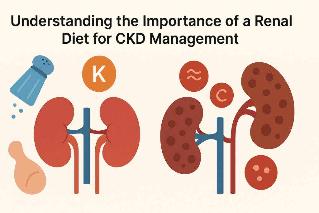 Medical illustration comparing healthy and CKD-affected kidneys surrounded by salt, protein, and potassium symbols for a 7 day meal plan for kidney disease