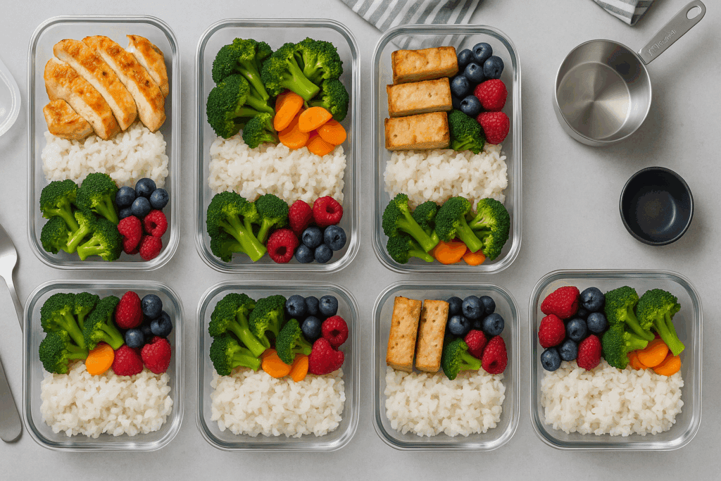 Top-down view of a 7 day meal plan for kidney disease featuring portioned containers with white rice, steamed broccoli and carrots, grilled tofu or chicken, and fresh berries on a kitchen counter with measuring cups.